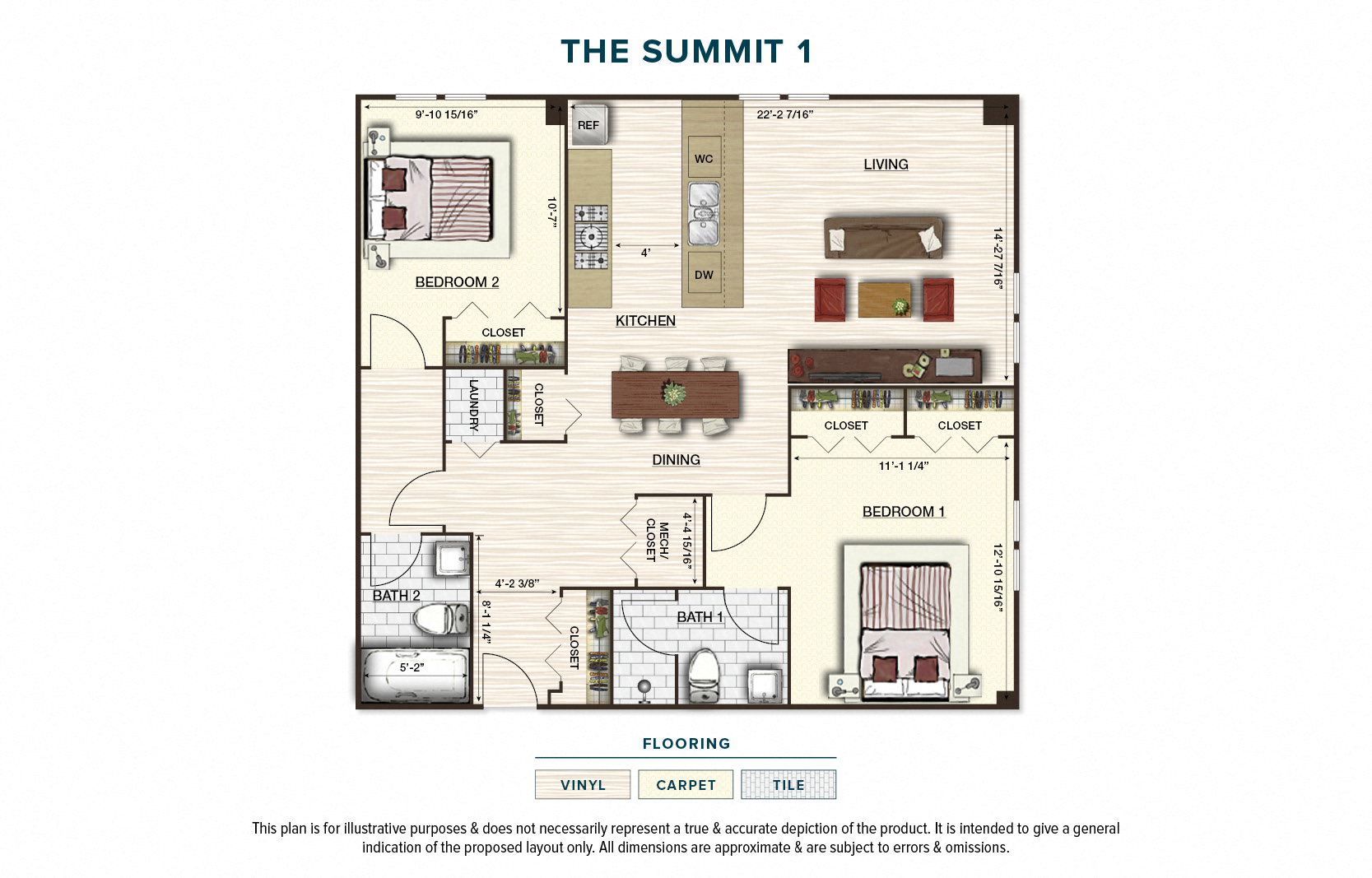 Floor plan for 2 beds, 2 baths, 984 sqft